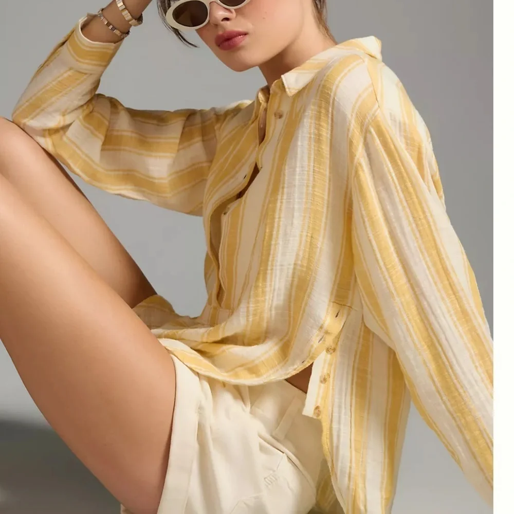 Anthropologie Side-Button Tunic Top Butter Yellow